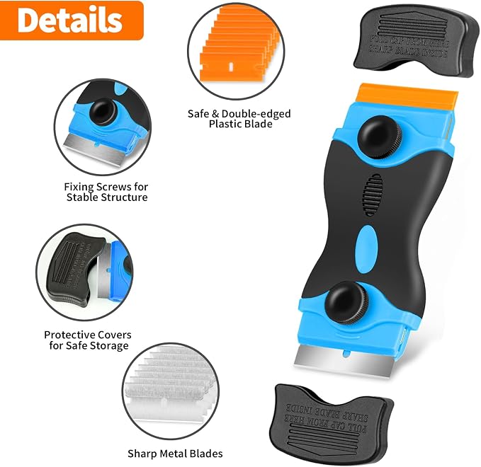 Razor Blade Scraper Tool - Razor Scraper with 40 Metal & Plastic Blades | Scrapper for Cleaning Paint, Decal, Adhesive, Label & Caulk, Glass Scraper for Window, Cooktop, Oven & Stove Top(Blue)