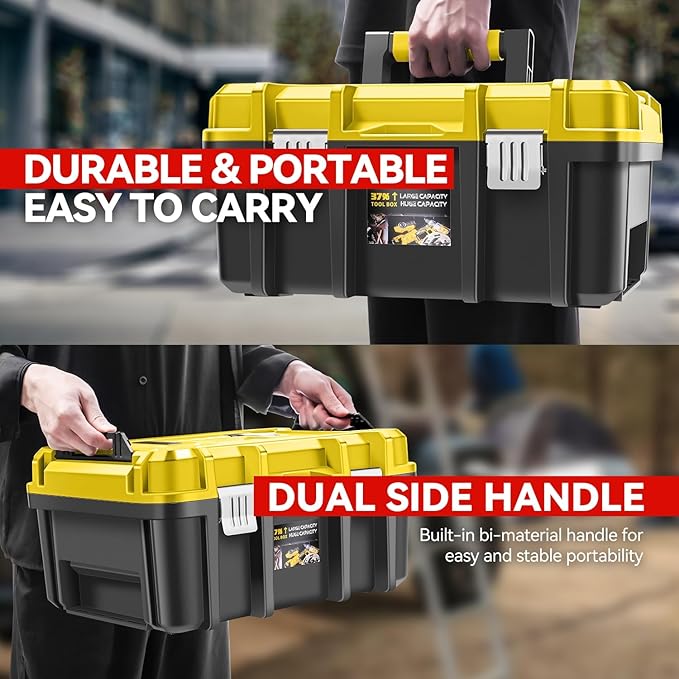 Auto Dynasty 17-Inch Tool Box, 2Pcs Toolboxes Organizer Storage with Removable Tray and Portable Handle for Garage Workshop Home Office Car Trunk, Yellow