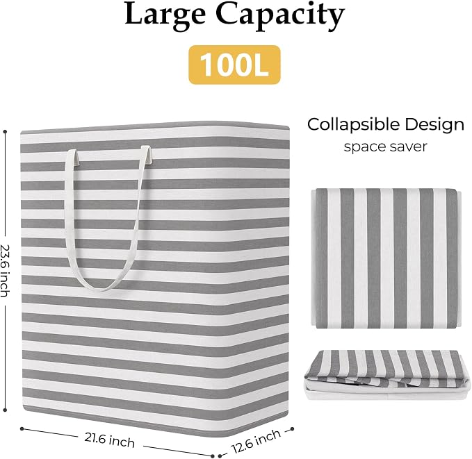 StorageRight Laundry Basket Hamper, 100L Clothes Storage, Striped Grey | Freestanding Clothes Hampers, Foldable design, with Easy Carry Handles, For Laundry, Bedroom, Dorm, Clothing, Towels, Toys