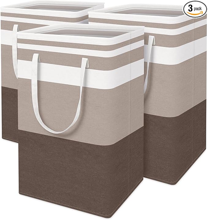 BlissTotes 3-Pack Laundry Basket, Collapsible Laundry Hamper, Khaki, 88L | Laundry Clothes Hamper, Hampers for Bedroom, Freestanding Hamper with Handles, Clothes Laundry Basket