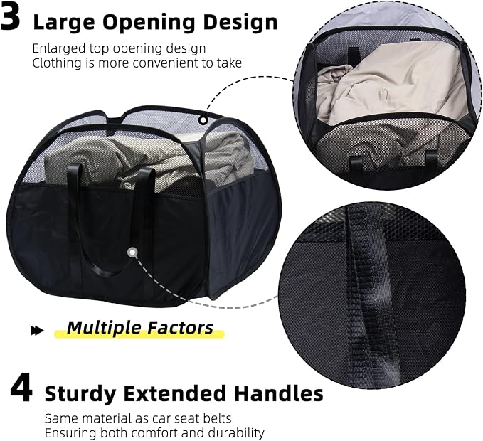 Collapsible Laundry Basket, 90L Tear Proof Mesh Pop-up Hamper 2PCS | Foldable Storage Clothes Bag with Reinforced Handles for Bathroom, Kids Room, Dorm, Travel, Camping, Space-saving, Black