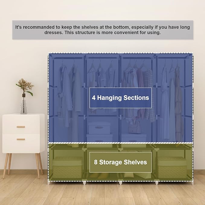 67" Portable Wardrobe Closet for Hanging Clothes, 8 Shelves 4 Rods & Cover