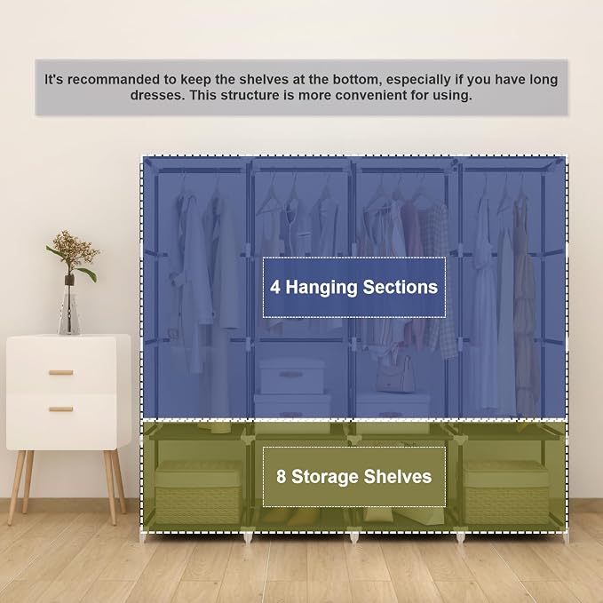 67" Portable Wardrobe Closet for Hanging Clothes, 8 Shelves 4 Rods & Cover