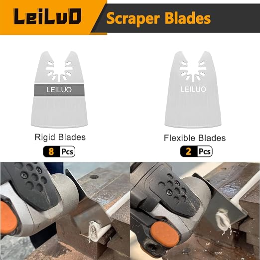 Oscillating Tool Scraper Blade Set 10 PCS – 8 Rigid & 2 Ultra Flexible Blades for Removing Paint Caulk Adhesive Compatible with DeWalt Makita Milwaukee Dremel and More