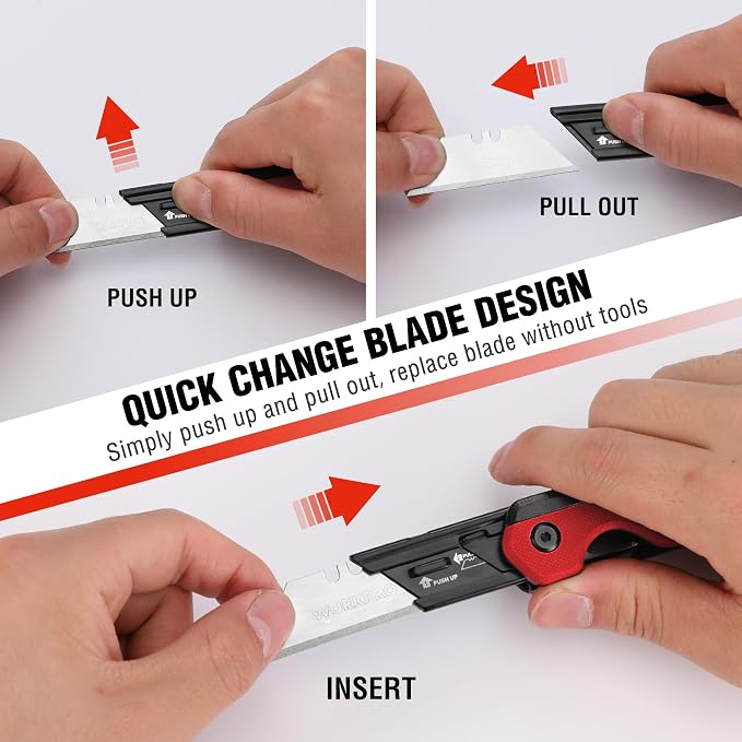 WORKPRO 2-in-1 Folding Knife/Utility Knife, Wood Handle, Red G10 Handle | Quick-Change Box Cutter, Liner Lock, Belt Clip, 10 SK5 Blades, Carton Cutting, Camping, Hiking, DIY Projects
