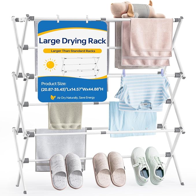 APEXCHASER Extra Large Clothes Drying Rack, 14.57" D × 44.88" H | Foldable & Extendable, Adjustable Size (20.87"-35.43"L), Space-Saving, Rust-Resistant Frame, Indoor/Outdoor Use, White