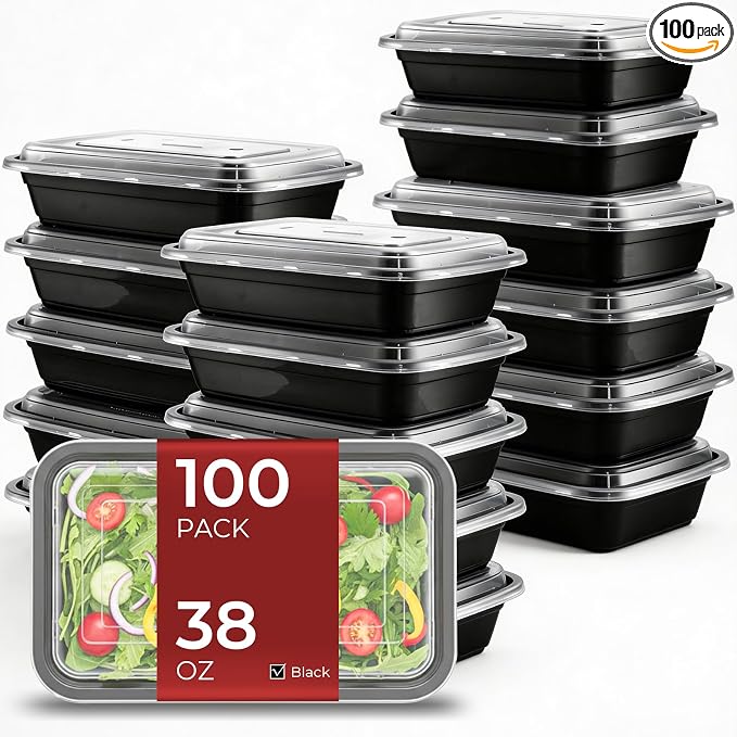 100 Pack (200-Piece) 38 oz Meal Prep Containers Reusable Food Storage Containers with Lids, Sturdy Leakproof To Go Plastic Takeout Containers for Microwave, Freezer, Dishwasher Safe