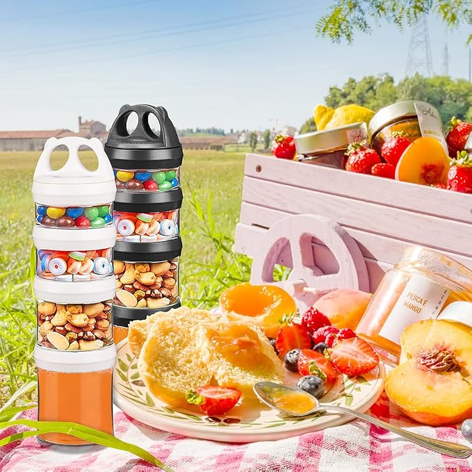 SELEWARE Stackable Snack Containers for Kids Toddlers Adults, Black & White | Portable Food Storage Containers for Snacks Formula Powder Drinks and Travel, Twist Lock System Airtight Leak-proof BPA Free