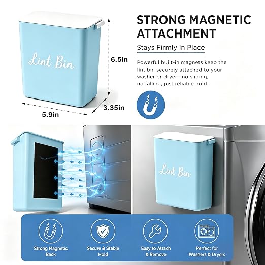Magnetic Lint Bin with Lid for Laundry Room, Compact Plastic Dryer Lint Holder, Small Laundry Trash Container for Dryer Lint & Used Dryer Sheets, Space Saving Storage Decor Organizer (Blue)