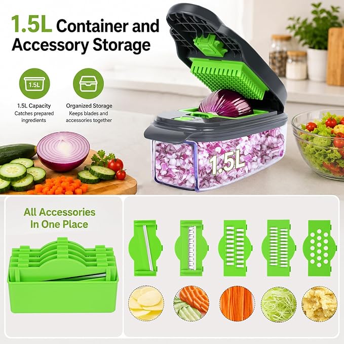 13-in-1 Vegetable Chopper with Food Molds, 1.5L, Gray Green | 13-in-1 chopper with adult-prepared food molds