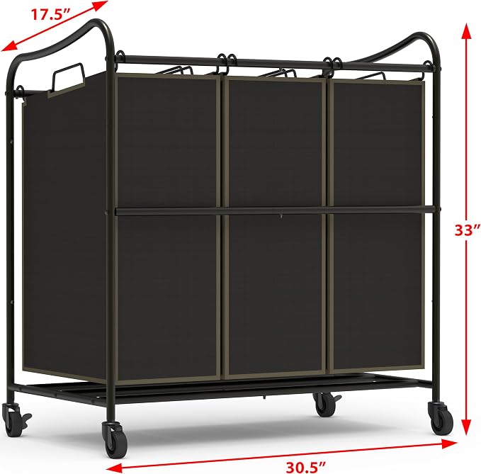 Simple Houseware Heavy Duty 3-Bag Laundry Sorter Rolling Cart, Bronze | Removable Bags and Lockable Wheels for Laundry Room Organization