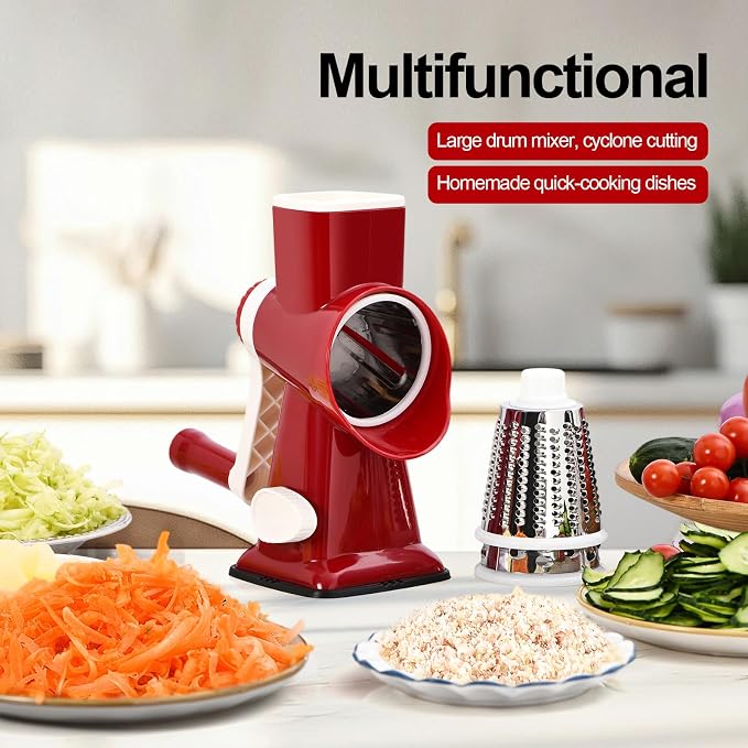 Rotary Cheese Grater Manual Hand Crank 3-in-1 Vegetable Shredder | Finger-safe design, stainless steel drums, suction base. Perfect for cheese, vegetables, nuts & chocolate. Easy to clean