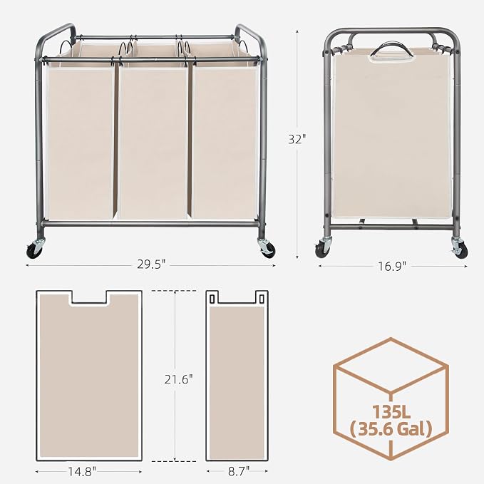 STORAGE MANIAC 3 Section Laundry Sorter, 35.6 Gal (135 L) Laundry Hamper Cart with Heavy Duty Rolling Lockable Wheels and Removable Bags, Clothes Organizer Basket Separator Hamper, Beige