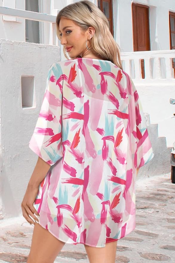 Women Kimono Cardigans Summer Cover Up Hawaiian Shirts Floral Print Tops | ROSEMIA chiffon kimono open front cardigans, beach cover ups, daily casual tops, cruise outfits, summer resort wear
