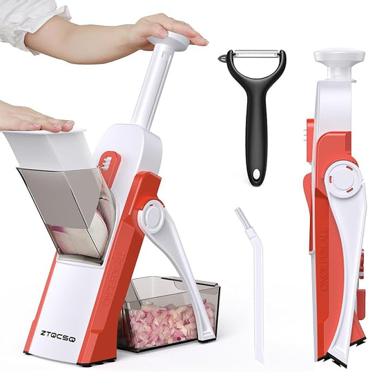 5 in 1 Adjustable Safe Mandoline Slicer for Kitchen with Paring Knife | Safe Mandoline Slicer for Kitchen, Easy to Clean/Storage, Potato Slicing, Strips, Shredding, Dicing, Chop, Cleaning brush