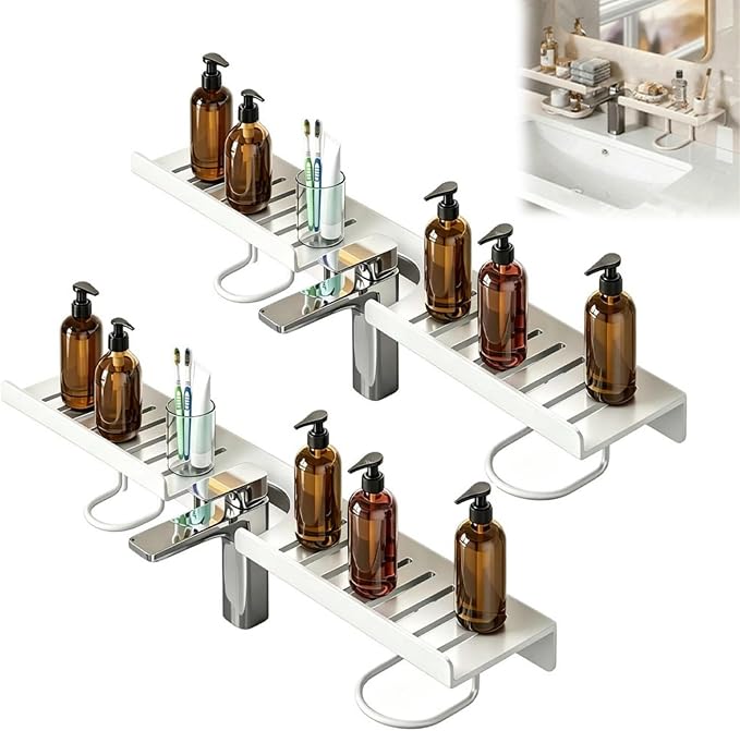 19.7 Inch Over Sink Faucet Storage Rack, No-Drill Countertop Storage Rack for Toiletries & Skincare, Over Sink Shelf, Compact Countertop Stand, for Kitchen, Bathroom, Shower, Easy Drainage (White* 2)