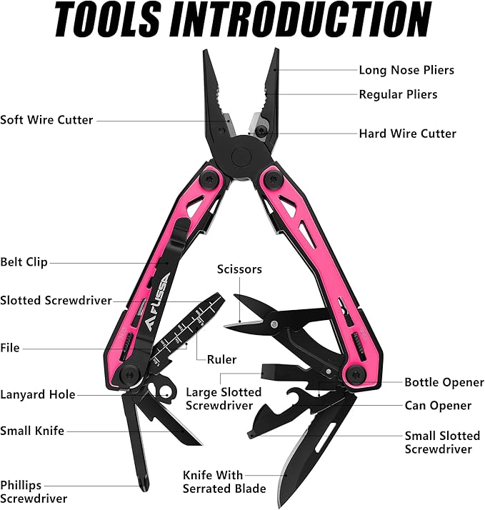 FLISSA 16-In-1 Multi-Tool Pliers, EDC Multitool, Multipurpose Tool, Pink | Gift for Men, Stainless Steel, Pocket Knife, Belt Clip, Oxford Pouch, Safety Locking, For Camping, Survival & Outdoor