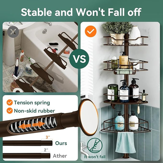 Corner Shower Caddy Tension Pole, 4 Tier Rustproof Shower Tension Rod Organizer, Adjustable 25-125 Inch Bathroom Shower Organizer Shelves for Bathtub Shampoo Storage, Brown
