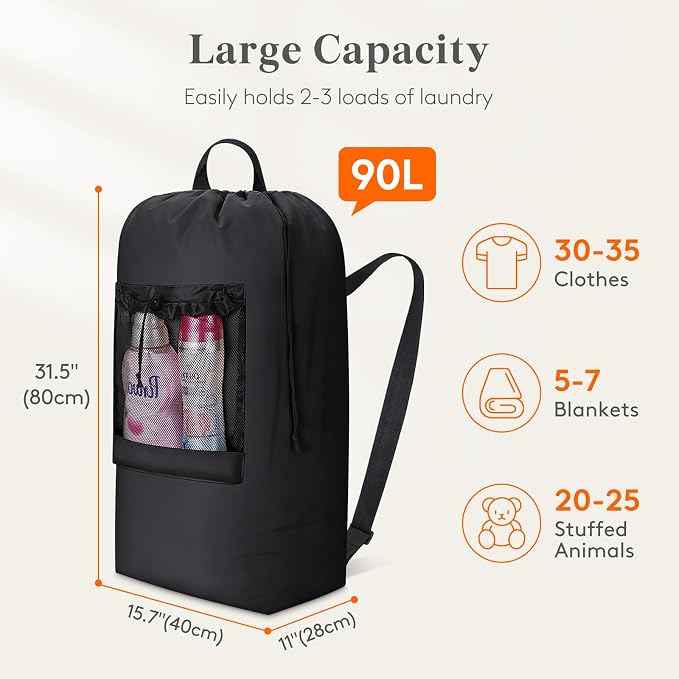 Lifewit Laundry Bag Backpack Travel, 90L, Black | Extra Large Bag with Shoulder Straps and Mesh Pocket for Laundromat, Heavy Duty Basket for Dirty Cloth College Dorm Apartment