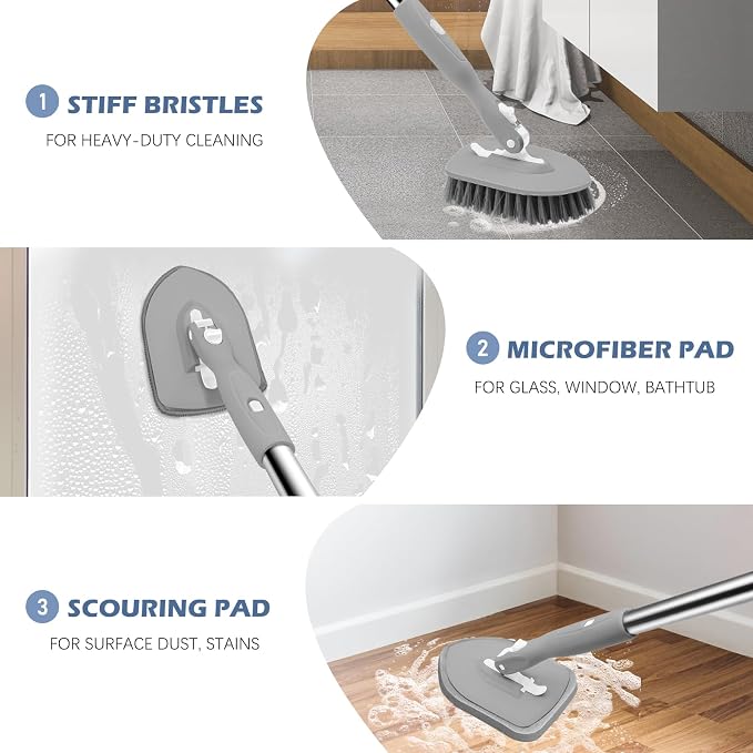 SetSail Tile Tub Scrubber Brush 3-in-1 Shower Scrubber with Adjustable Long Handle Shower Cleaner Brush and 3 Detachable Replacement Brush Heads for Cleaning Bathroom Kitchen Walls Tub Tile,Grey