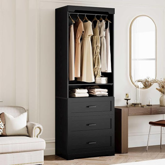 IRONCK Freestanding Closet System with 3 Wood Drawers, Modern Armoire Wardrobe with Adjustable Shelves & Hanging Rod, Walk-in Closet Systems Organizer for Small Closet, Black
