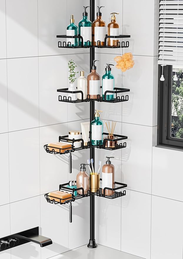 KEGII Corner Shower Caddy Tension Pole, Stainless Steel Shower Organizer | 32 Hooks & 2-in-1 Soap Holders, Adjustable 25–114.2 Inch, Rustproof Bathroom Storage Rack for Families and Renters, Black