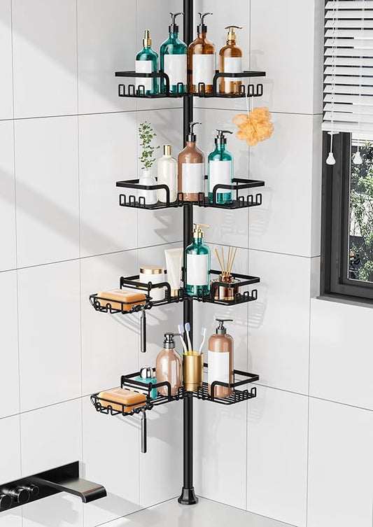 KEGII Corner Shower Caddy Tension Pole, Stainless Steel Shower Organizer | 32 Hooks & 2-in-1 Soap Holders, Adjustable 25–114.2 Inch, Rustproof Bathroom Storage Rack for Families and Renters, Black
