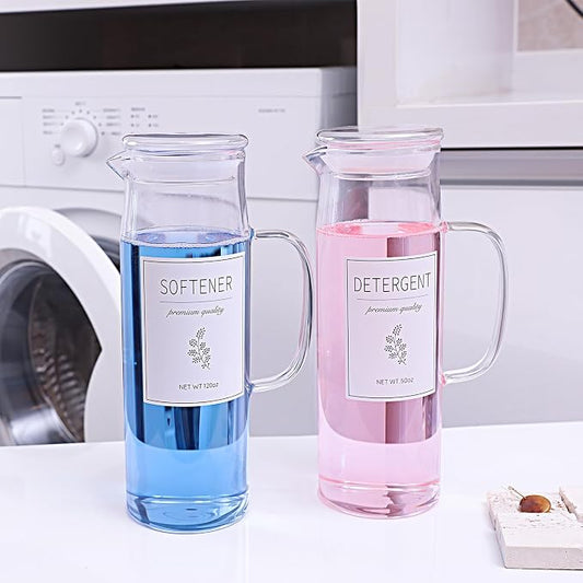 Glass Laundry Detergent Dispenser with Labels & Handles, 2 Pack | 50 oz Glass Containers, Waterproof Labels, Easy Pour Design, Laundry Room Organization, Laundry Detergent & Fabric Softener