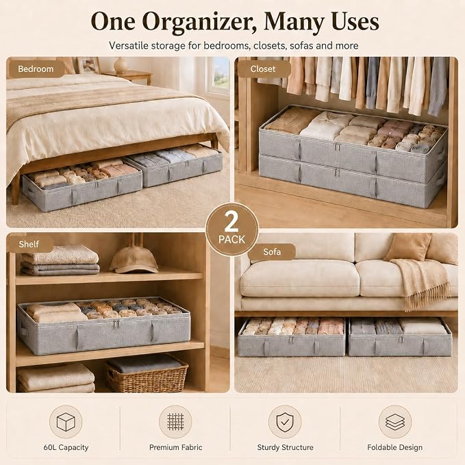 Vailando Storage Containers, 8 Inches Tall 80L Underbed Storage Bins with Sturdy Handles and Sidewalls, Closet Organizer for Clothes, Blankets, Seasonal Items, Light gray, 2-Pack