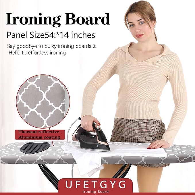 UFETGYG Ironing Board with Silicone Iron Rest pad,Extra Thick Cover,14x54 Compact and Space Saver Iron Board, Height Adjustable,Stable Structure, Easy to Fold, White and Gray