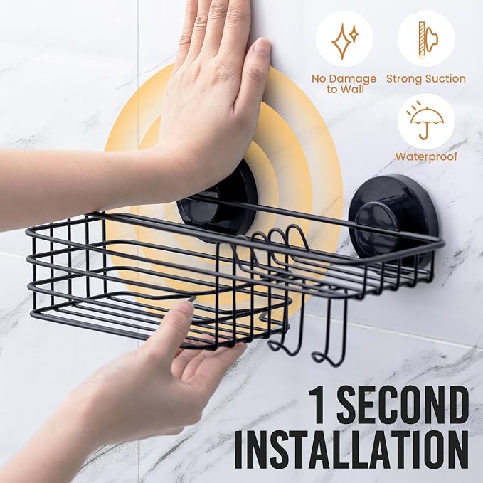 LEVERLOC Suction Cup Shower Caddy, Black Bathroom Shelf Shower Organizer With Hook And Soap Holder, No Drill Bathroom Caddy
