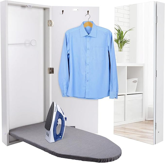 Ivation Wall-Mounted Ironing Board Cabinet, Foldable Ironing Storage Station for Home, Apartment, Easy-Release Lever, Garment Hooks, with Full Mirror Door, White