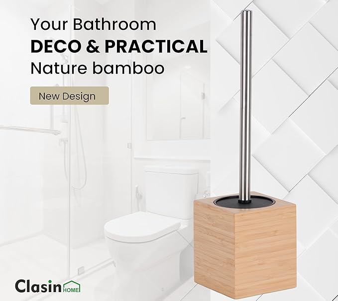 Clasin Home Toilet Bowl Brush Holder with Bamboo and Stainless Steel for Durable Use, Toilet Scrubber Brush with Long Handle for Easy Deep Cleaning, Compact Hidden Bathroom Toilet Cleaner Brush Set