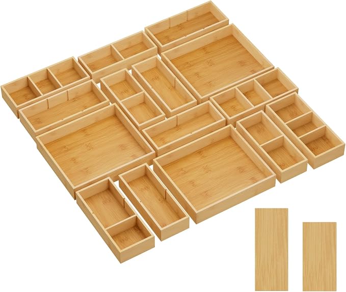 Lifewit Drawer Organizer 15 Pack(33 Grid) with 18 Inserts | Adjustable Bamboo Wooden Trays for Utensils, Silverware, Makeup, Kitchen, Bathroom, Office, Vanity Storage
