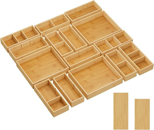 Lifewit Drawer Organizer 15 Pack(33 Grid) with 18 Inserts | Adjustable Bamboo Wooden Trays for Utensils, Silverware, Makeup, Kitchen, Bathroom, Office, Vanity Storage