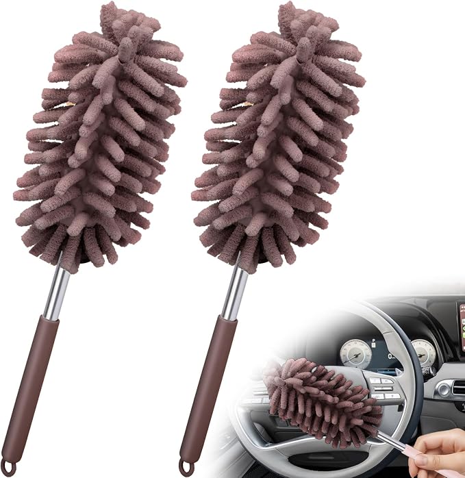 2 PCS Car Interior Duster with Extension Pole, Dusters for Cleaning | Microfiber Car Dusters with Bendable Head, Duster Interior & Exterior Scratch Free for Vehicle, Offices, Window (Brown)