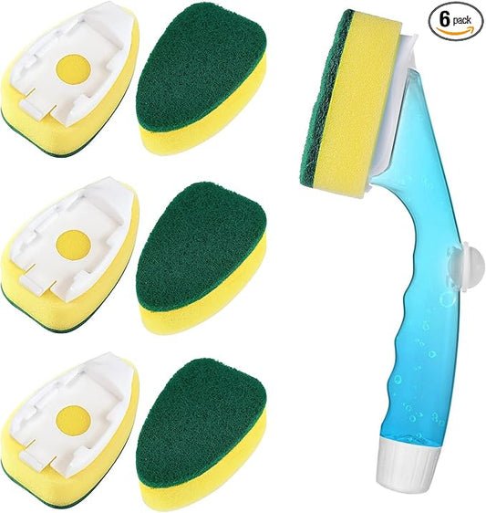 Dishwand Refills with Handle, Dish Wand Refill Replacement Sponge Head 6Pcs | Non-scratch Heavy Duty Sponge Heads Set,Soap Dispenser Scrubbers,Dishwashing Scrub Dispensing Brush Pads,Dishwasher Cleaning