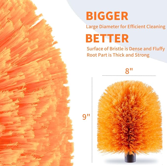 2 Pack Screw on Webster Cobweb Duster Head for Pole,Spider Web Brush, Cobweb Duster Head Attachment,Fits Standard 3/4 inch Threaded Poles (2, Orange)