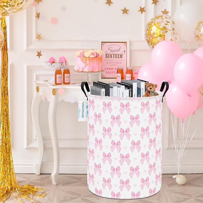 Round Laundry Basket Collapsible Storage Hamper Pink Bowknot | Waterproof Canvas Foldable Baskets with sturdy Handles Multi-scene Organizer for Home Play Bedroom Gift Bin