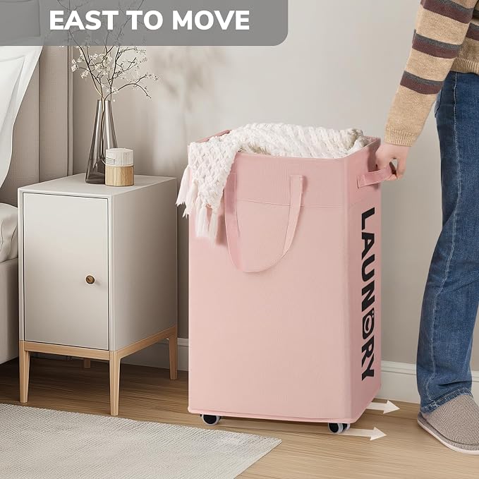 Goodpick 75L Laundry Hamper with Wheels, Dorm Room Essentials for Girls | Laundry Basket with Wheels, Collapsible Laundry Basket, Rolling Laundry Hamper with Handle for College Dorm,Pink