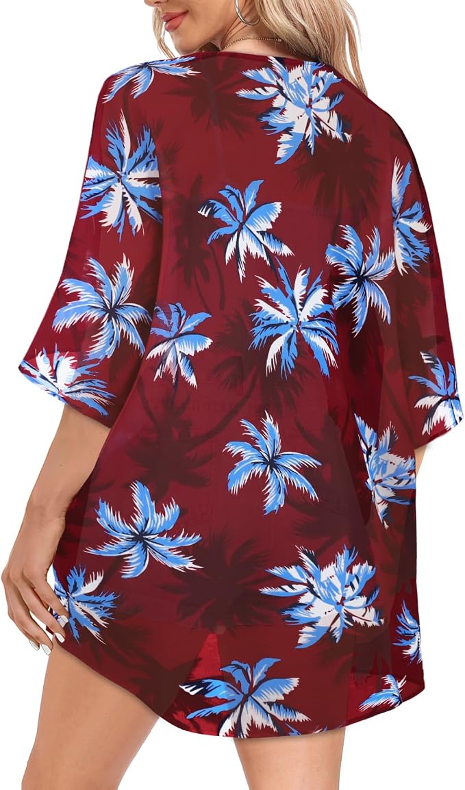 Women Kimono Cardigans Summer Cover Up Hawaiian Shirts Floral Print Tops | ROSEMIA chiffon kimono open front cardigans, beach cover ups, daily casual tops, cruise outfits, summer resort wear