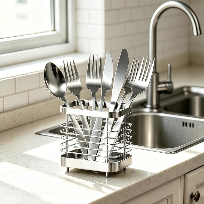 Utensil Holder, Stainless Steel Utensil Drying Rack for Kitchen Counter, Silverware Cutlery Flatware Holder Forks, Knives, Spoons, Chopsticks Organizer (Silver)