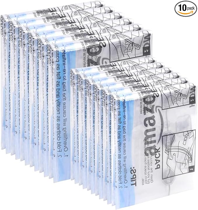 Amazon Basics Roll-Up Travel Compression Storage Bags for Clothes and Towels, No Vacuum Needed, Clear, 12 Count (6 Small & 6 Medium) Multiple (Pack of 10)