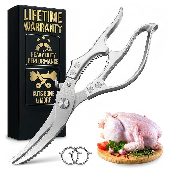 Premium Stainless Steel Poultry Shears – Heavy Duty Kitchen Shears for Food, Hardened Blades, One-Hand Safety Lock, Spring Mechanism, Dishwasher Safe – Chicken, Meat Cutting, Turkey, Fish & Vegetables