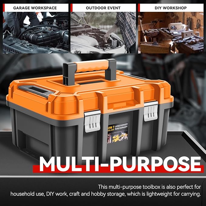 Auto Dynasty 17-Inch Tool Box, 2Pcs Toolboxes Organizer Storage with Removable Tray and Portable Handle for Garage Workshop Home Office Car Trunk, Orange