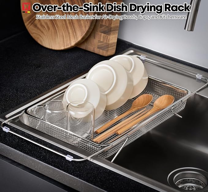 WAGENSTEIGER Extendable Dish Rack with Feet, Vegetable Colander Basket, Stainless Steel Dish or Silverware Drying Rack, Ultimate Kitchen Organizer Over the Sink (12.99 x 9.65 x 2.76 Inches)