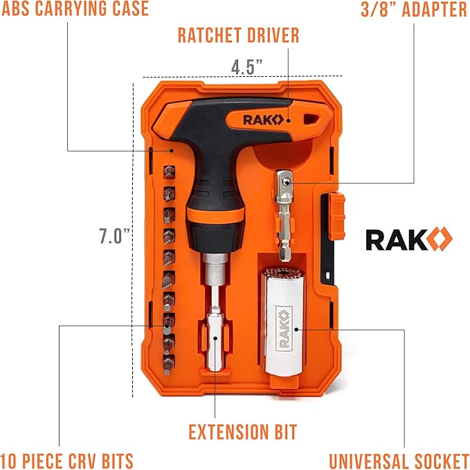 RAK Universal Socket Tool - Birthday Gifts for Men - Set of 15, 1/4-to-3/4-inch Wrench Grip, T-Handle Ratchet Driver, 10 Screwdriver Bits - Gifts for men, Husband, Handyman