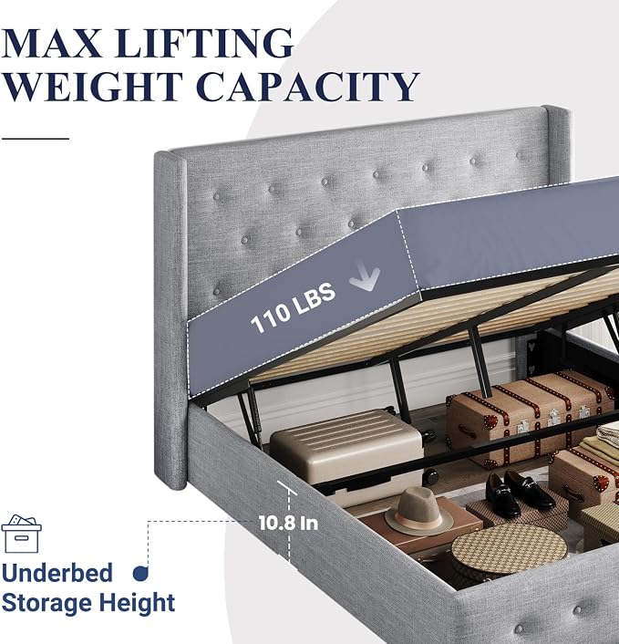 Allewie Queen Size Lift Up Storage Button-Tufted Bed Frame Light Grey | Modern Wingback Headboard, Hydraulic Support Storage, No Box Spring Needed