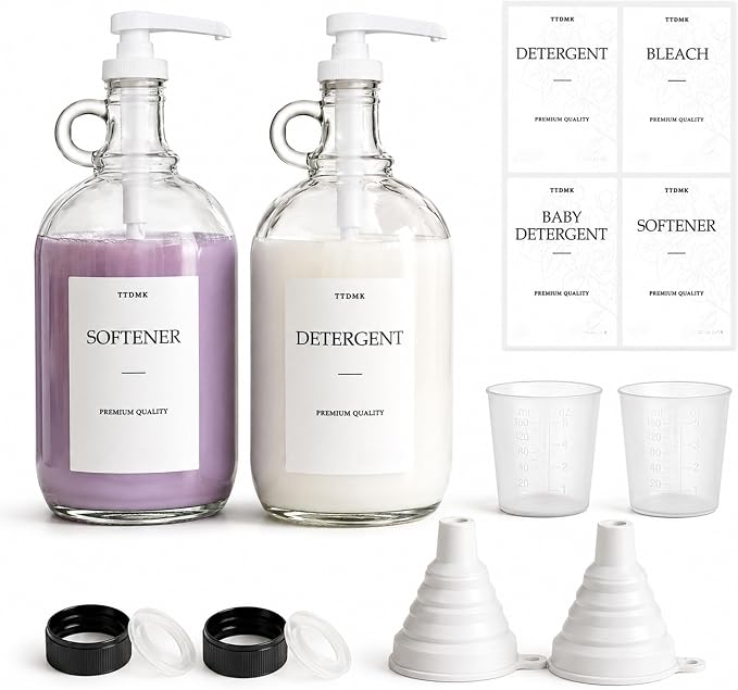 2 Pack Glass Laundry Detergent Dispensers, 64 oz Half Gallon Bottles | Reusable Glass Bottles with Pumps and Labels for a Clean, Organized and Stylish Laundry Room.