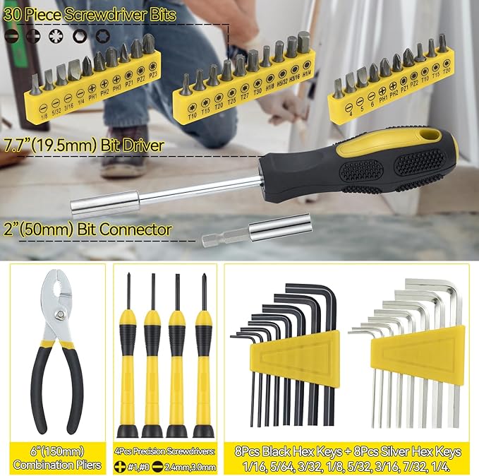 MARTCOLOR 58 Piece Household Tool Set, General Household Hand Tool Kit with Plastic Toolbox Storage Case, All Purpose Household Tool Kit for Home, Garage, Office and College Dormitory Use, Yellow